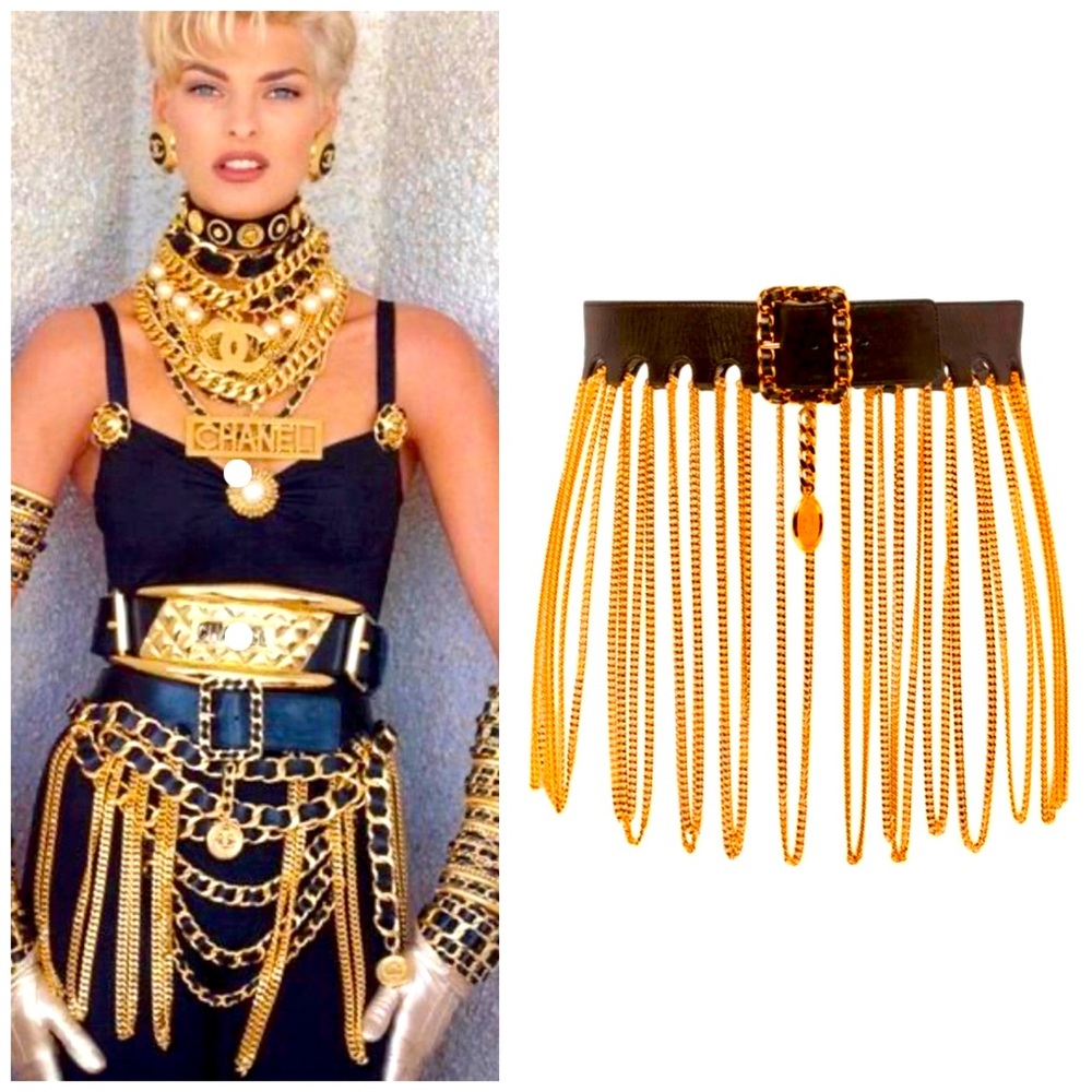 CHANEL ❌SOLD❌ICONIC SUPERMODEL FRINGE CHAIN BLACK LEATHER BELT VINTAGE 1991